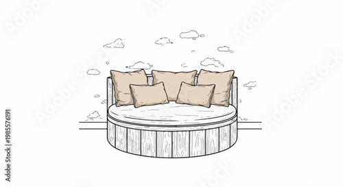 Wooden circular lounger with soft cushions under scattered cloud drawings