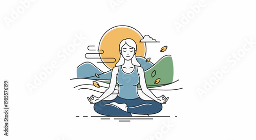 Woman meditates outdoors with sun and rolling hills in background