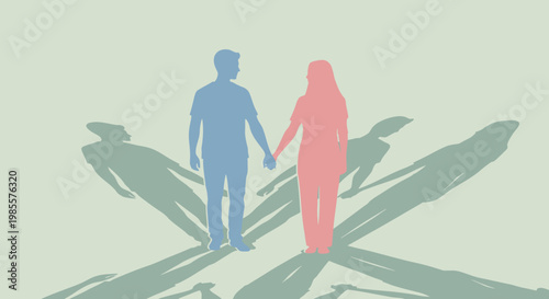 Silhouettes of a man and woman holding hands, representing unity and partnership.