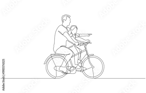 Continuous one line of father and daughter riding bicycle together, parenting and leisure activity concept, single line art