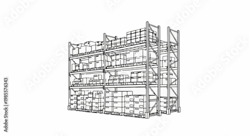Wireframe industrial shelving units fully loaded with stacked boxes