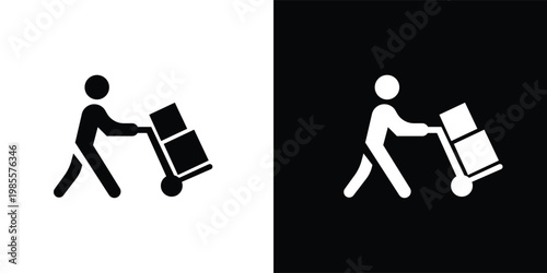 Stick figure pushing a hand truck with boxes