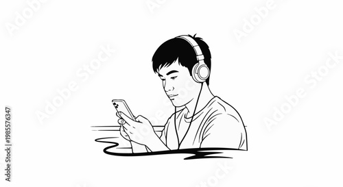 Young person with headphones and phone absorbed in digital world