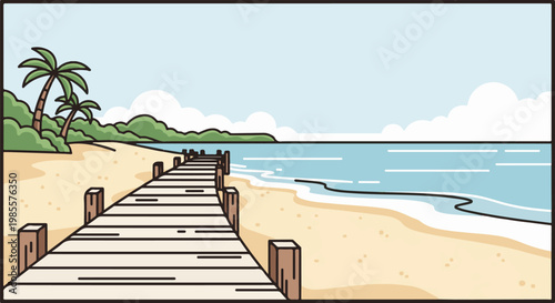 Wooden pier leading to a tropical beach with palm trees and calm ocean