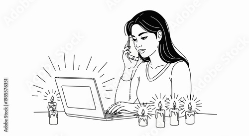 Woman on phone using laptop by candlelight, working during power outage