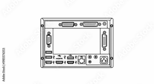 Wireframe illustration of a device's rear panel with multiple ports