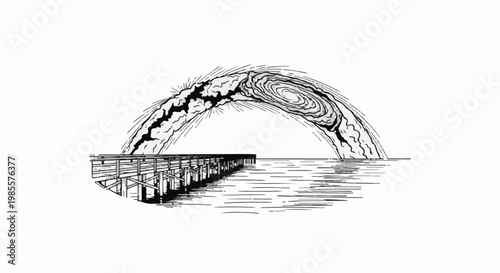Wooden pier leads to a stormy, swirling sky arching over the ocean