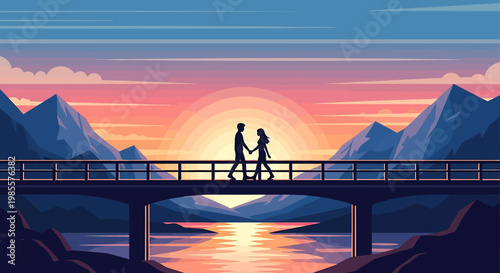 Silhouettes of a romantic couple walking hand in hand on a bridge.