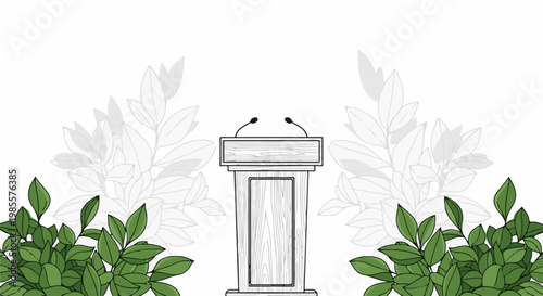 Wooden podium with microphones and green leafy branches on white background
