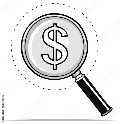 Magnifying glass examining a dollar sign symbol representing financial analysis and wealth discovery