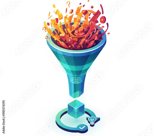 Creative idea funnel transforming chaos into an organized output with checkmark symbol for validation