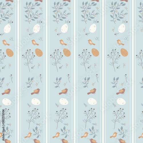 Hand drawn birds, brunch berries , lines and eggs on blue background. Vector illustration with plants and birds, seamless pattern.