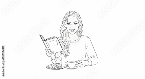 Young woman enjoying a book, coffee, and pastries at a table