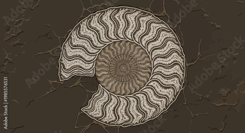 Ammonite fossil illustration in stone matrix; ancient sea creature with intricate patterned shell in beige and brown geological history natural history