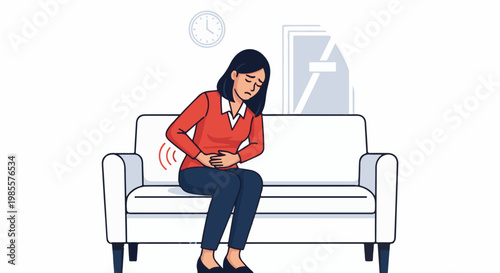 Woman on couch experiencing abdominal pain, indicated by red waves