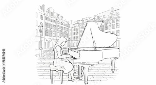 Woman plays piano on cobblestone street with historic buildings