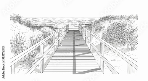 Wooden walkway leads over sand dunes to a serene ocean