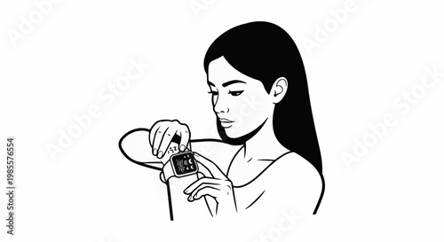 Woman checks her modern smartwatch for sleep tracking data in a minimalist illustration
