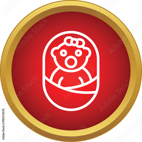 White outline swaddled baby design in a vibrant red circle with a golden border