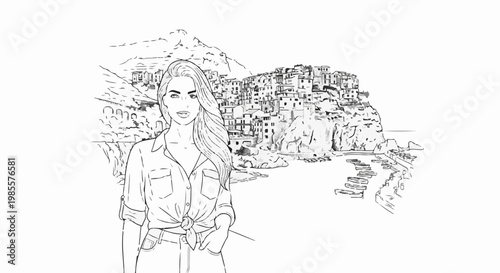 Woman posing with a picturesque coastal village of colorful houses perched on cliffs