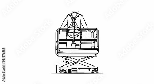 Worker in a lift wearing safety harness on a scissor lift