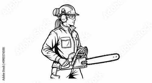 Worker in safety gear holds chainsaw, ready for outdoor work