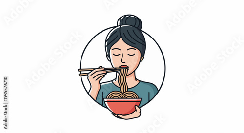 Woman eating noodles with chopsticks from a red bowl in a circular frame