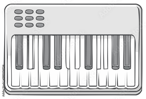 Cartoon-style illustration of a keyboard musical instrument.
