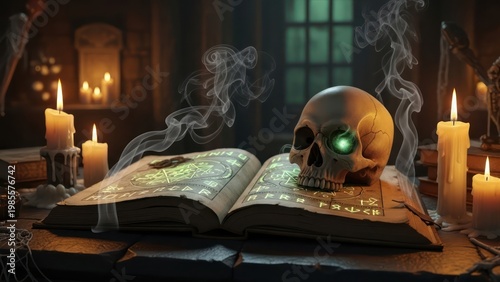 Ominous arcane ritual composition featuring human skull mystical book candlelight and smoke