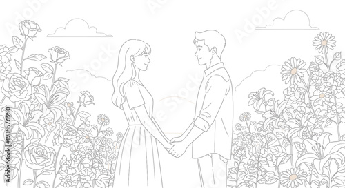 Couple holding hands in a field of flowers.