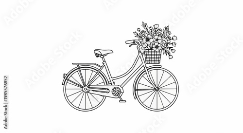Vintage bicycle with a basket full of blooming flowers