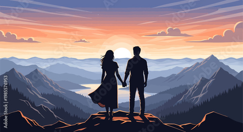 Couple holding hands on mountain top watching sunset.