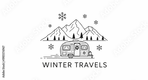 Vintage camper van with mountains, trees, and snowflakes, text
