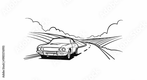 Vintage car driving on a winding road through rolling fields under clouds