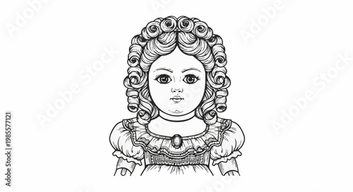 Vintage doll portrait with elaborate curls and detailed Victorian attire