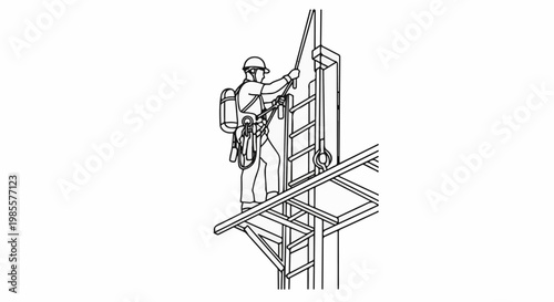 Worker with safety gear ascending ladder on scaffolding structure