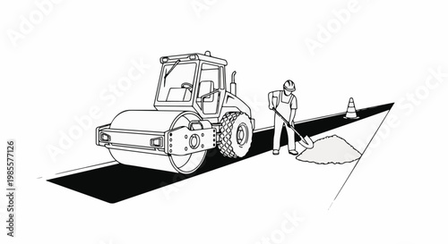 Worker with shovel and steamroller compacting asphalt on road construction