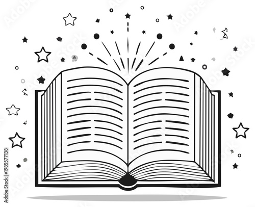 Open book emitting light rays and stars, representing knowledge, imagination, reading, learning, and education.