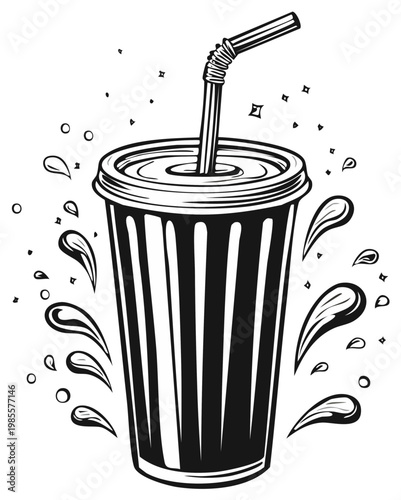 Soda cup with straw and liquid splash illustration, black and white design