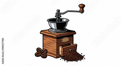 Vintage manual coffee grinder with beans and grounds
