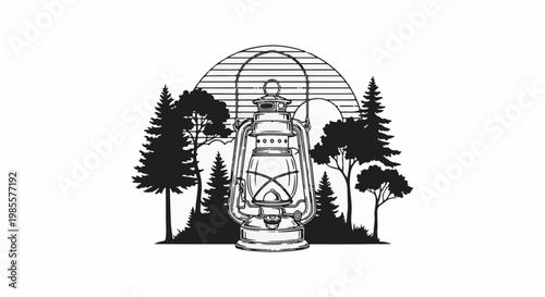 Vintage lantern glowing against a stylized forest and sun backdrop