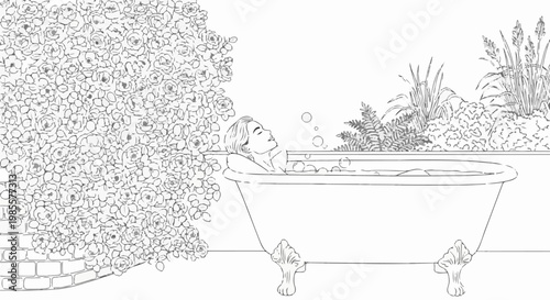 Woman relaxes in a vintage bathtub surrounded by roses and greenery