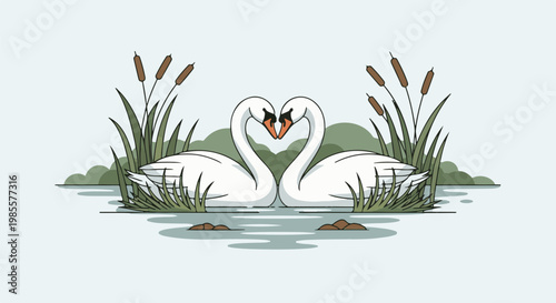Two swans in water form a heart shape with cattails and reeds