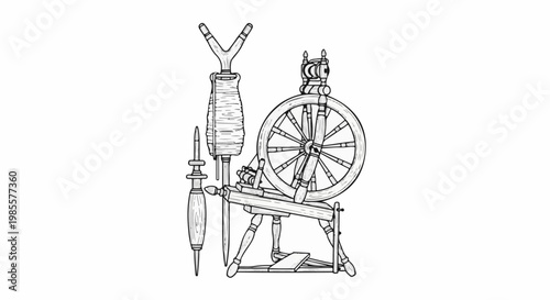 Vintage spinning wheel and accessories, line art illustration