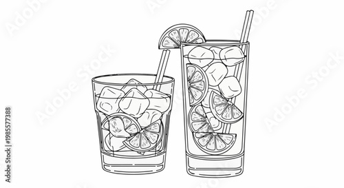 Two tall glasses filled with ice cubes and lemon slices, one with a straw