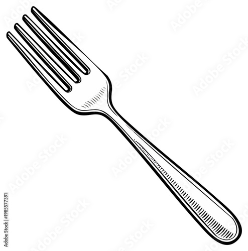 Silver dining utensil with four prongs and a long handle hand drawn illustration