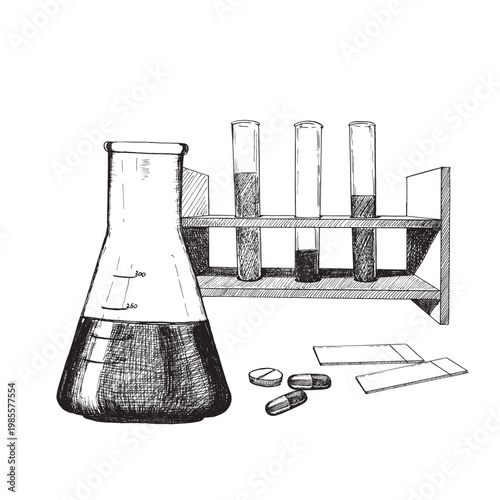 Laboratory equipment: flask, test tubes in a stand, microscope slides, and tablets. Engraved-style vector illustration for educational materials, scientific publications, and medical events.