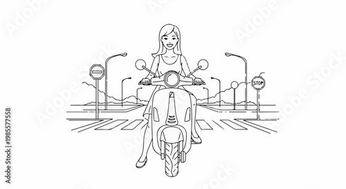 Woman rides scooter on city street with zebra crossing and signs