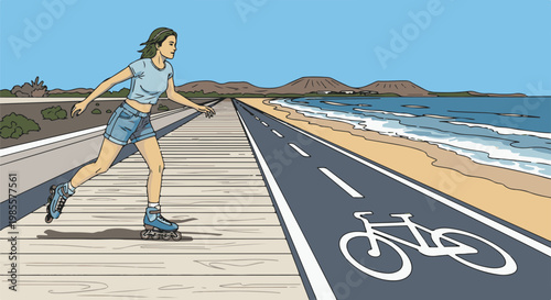 Woman rollerblading on a boardwalk by a beach with a bike lane