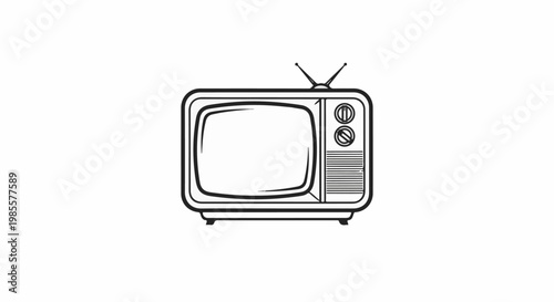 Vintage television with antenna and knobs, black outline drawing